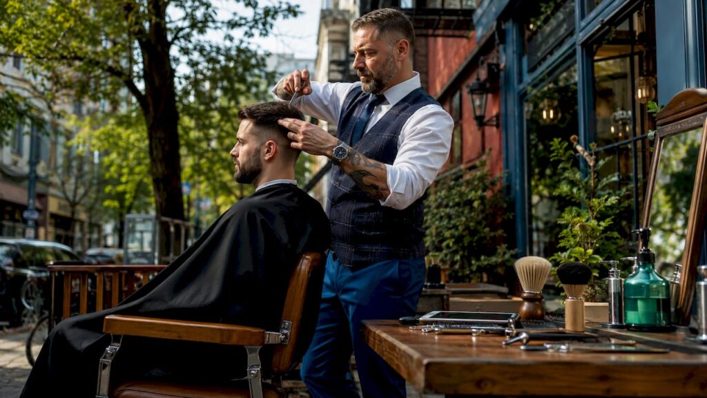 Master barber cutting customer’s hair in barbershop