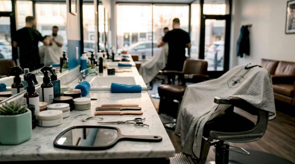 Barber's table with men's hair products and tools