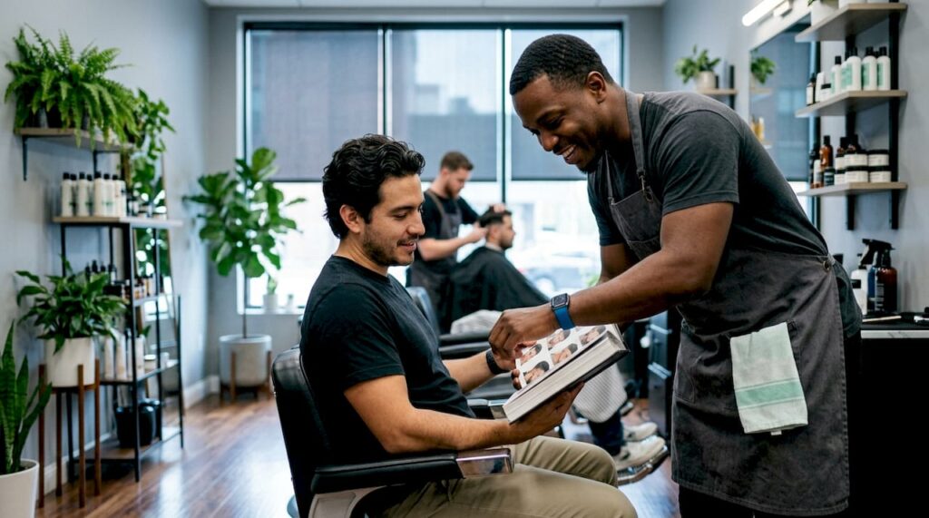 Barber consulting client about haircut in shop