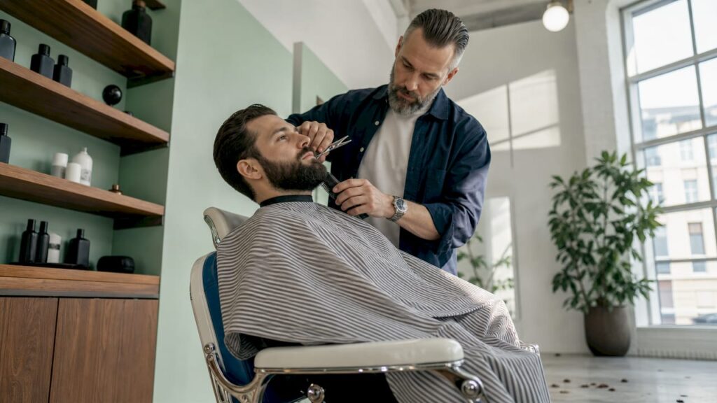 Barber trimming a client's beard in Copenhagen shop