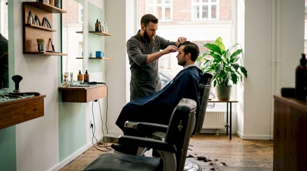 Barber trimming client's hair in local shop