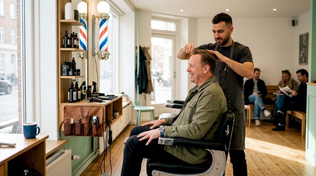 Exterior of a local Copenhagen barbershop with man opening door