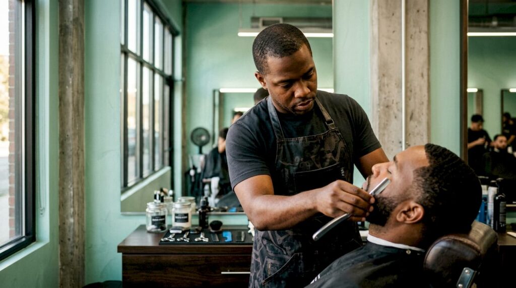 Barber shaping beard with straight razor