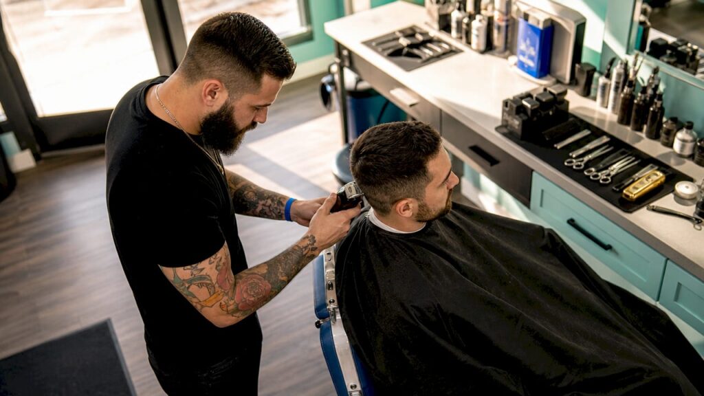 Barber cutting man's hair in classic barbershop