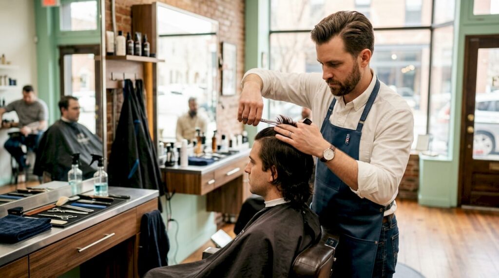 Hairstylist cutting male client’s hair in salon