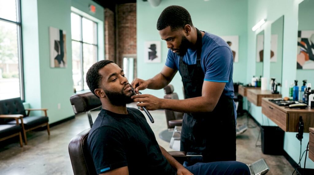 Barber shaving edges of a client's beard