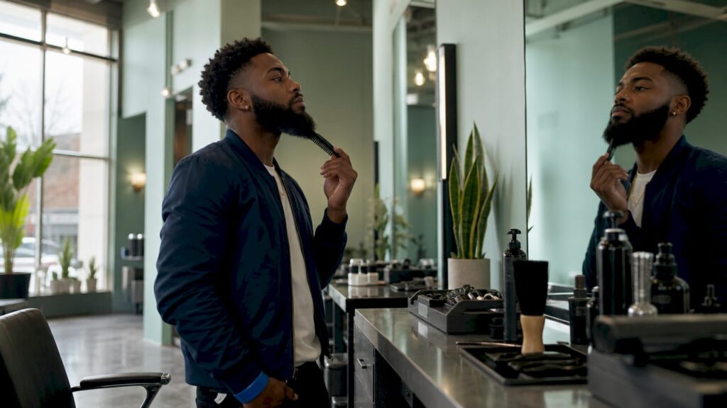 Man checking phone at barber shop waiting area