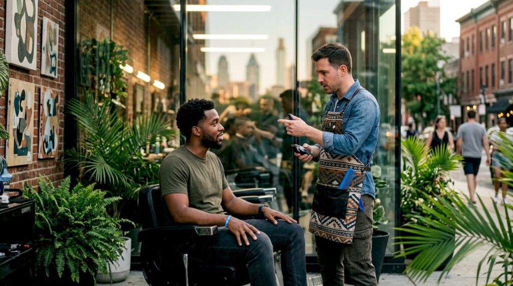 Barber explains fade haircut options to client