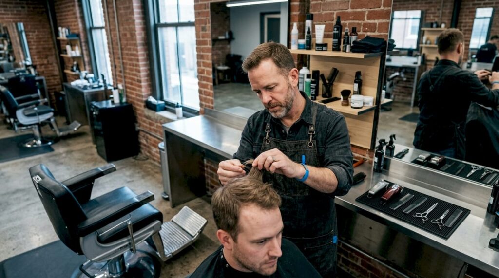 Barber assessing client's hair texture
