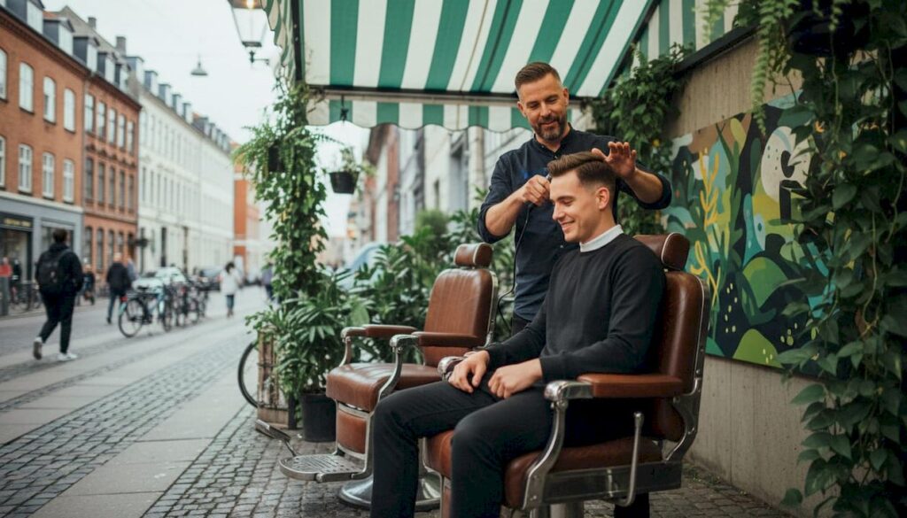 Barber trimming client's hair in Copenhagen shop