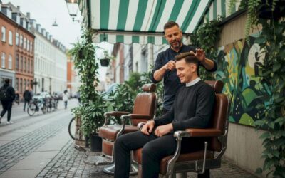 Barber trimming client's hair in Copenhagen shop