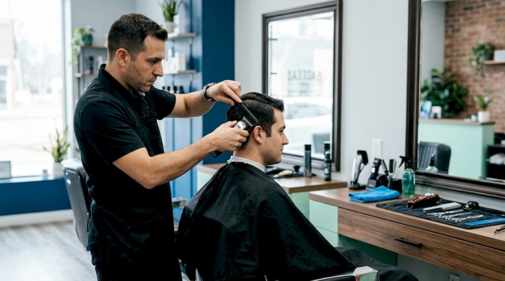 Barber fixing a man's uneven haircut
