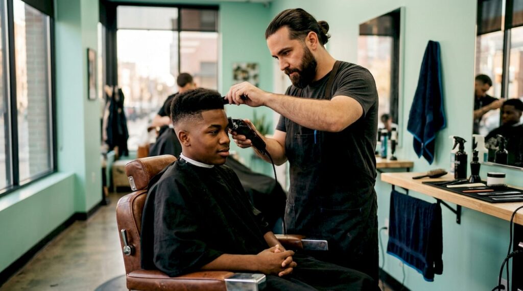 Barber creating fade haircut in stylish shop