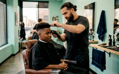Barber creating fade haircut in stylish shop