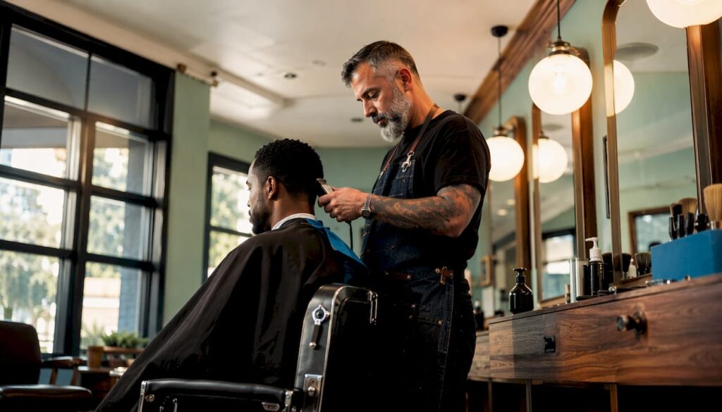 Barber cutting hair in traditional barbershop