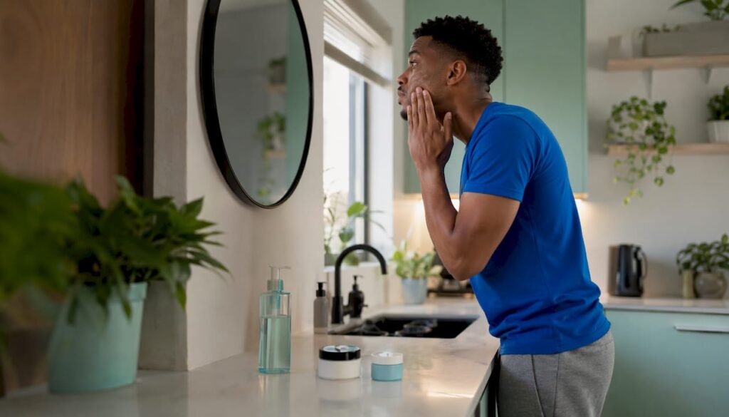 Black man applying moisturizer in bathroom