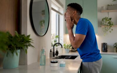 Black man applying moisturizer in bathroom