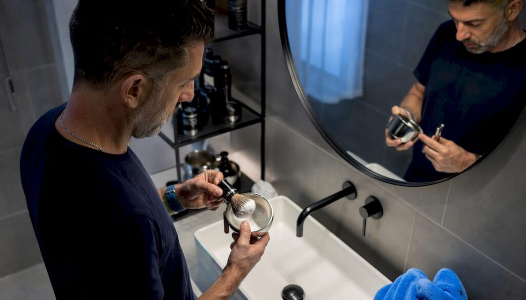Man preparing straight razor shave at bathroom counter