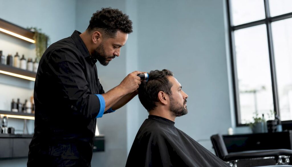 Barber examining man's scalp at barbershop
