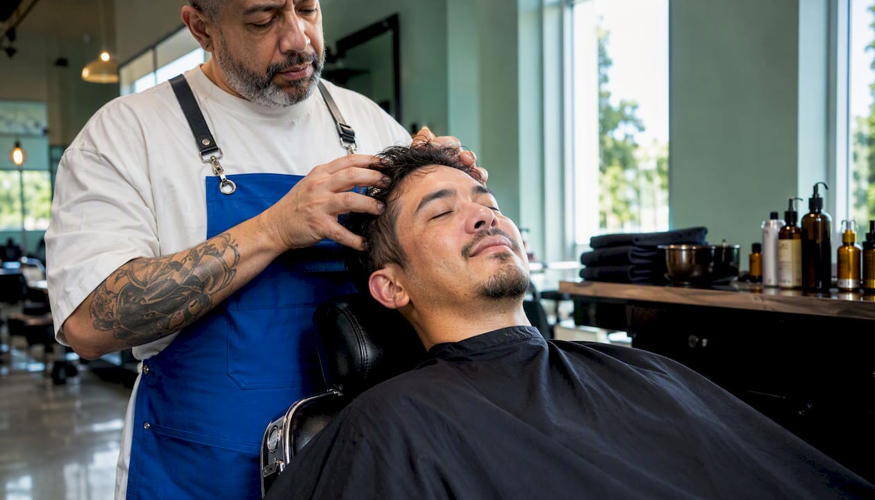 Close-up of barber giving scalp massage