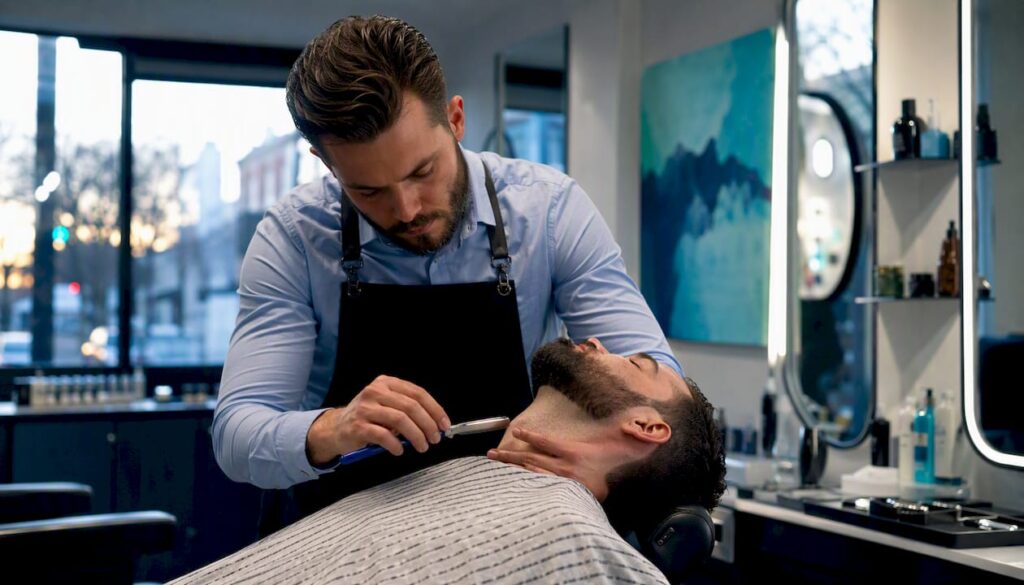 Barber shaving client with straight razor