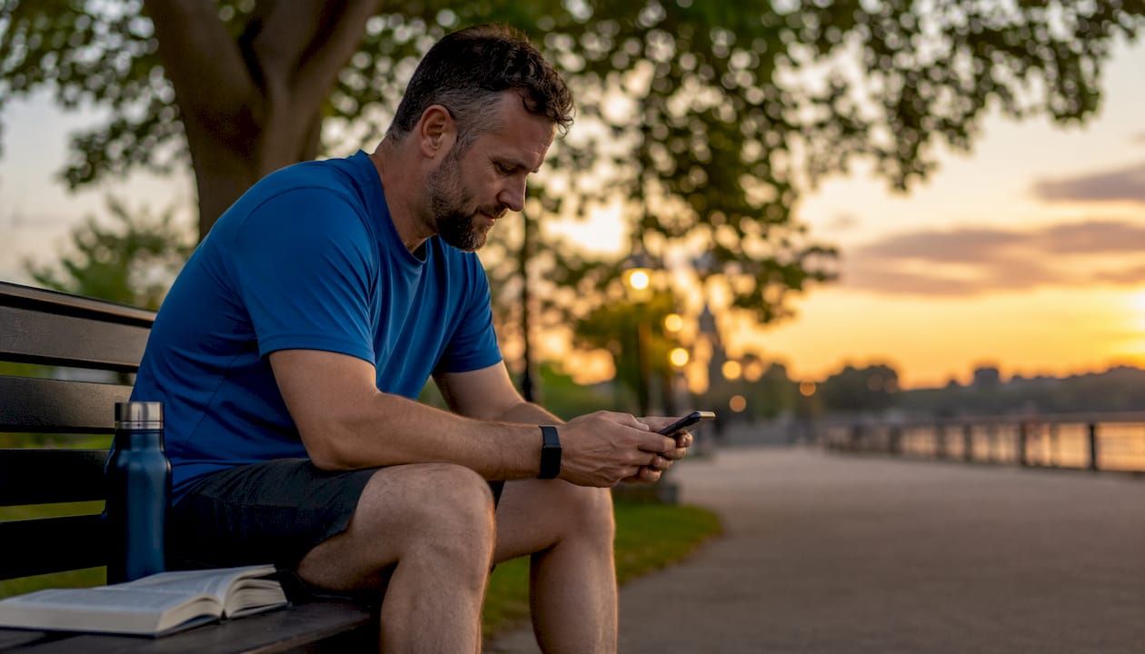 Man booking barbershop appointment on phone at café