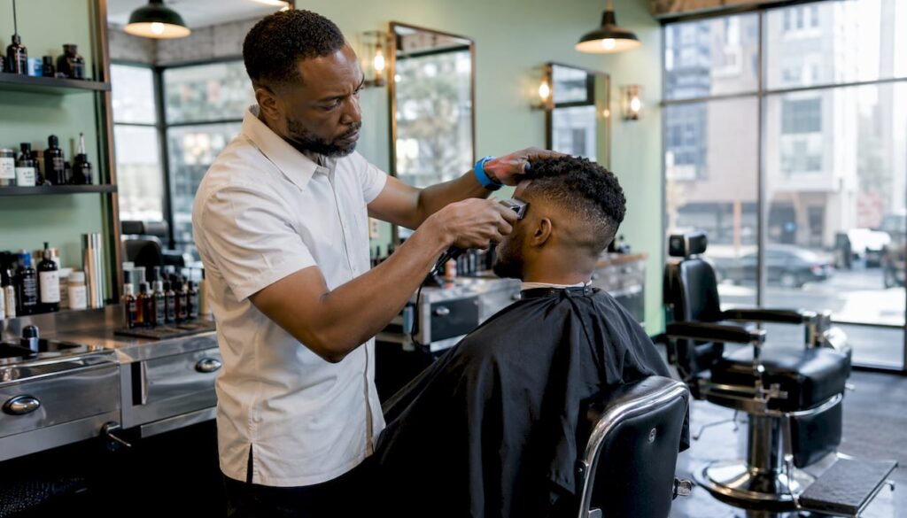 Barber trimming hair inside a boutique U.S. shop