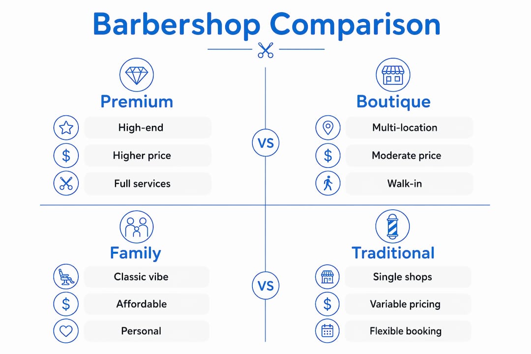 Infographic comparing U.S. barbershop types by category and features