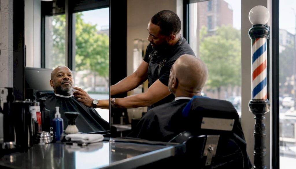 Man with clean shave in barbershop mirror