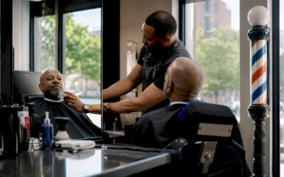 Man with clean shave in barbershop mirror