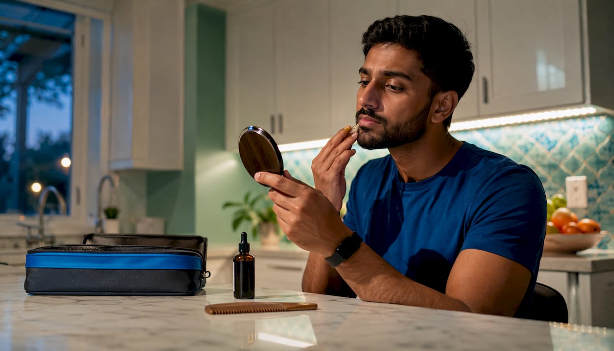 Man applying beard oil in bathroom mirror