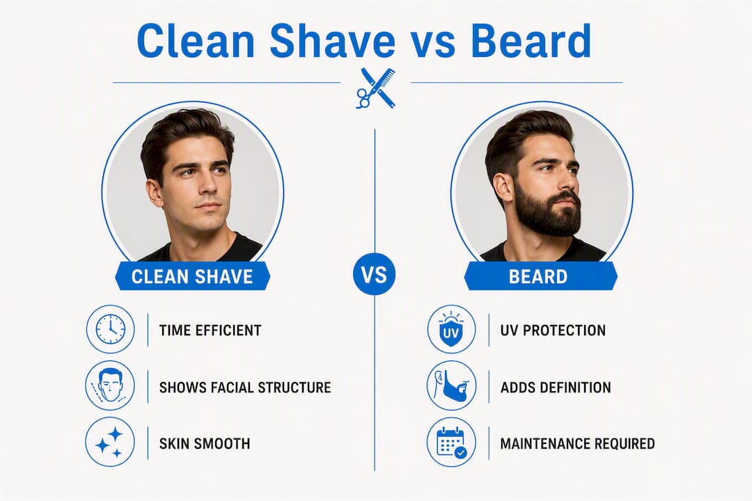 Infographic comparing clean shave and beard benefits and drawbacks