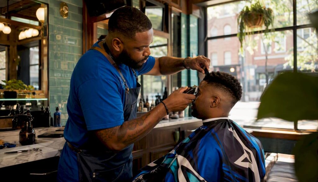 Barber performing mid skin fade haircut