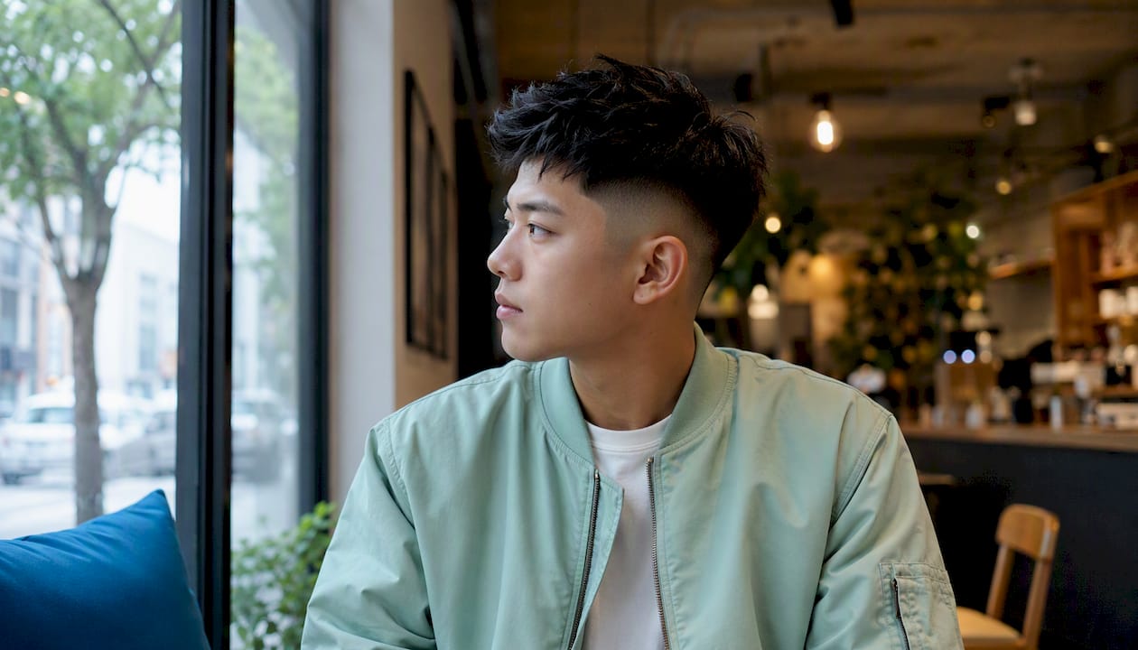 Young man with mid skin fade outdoors