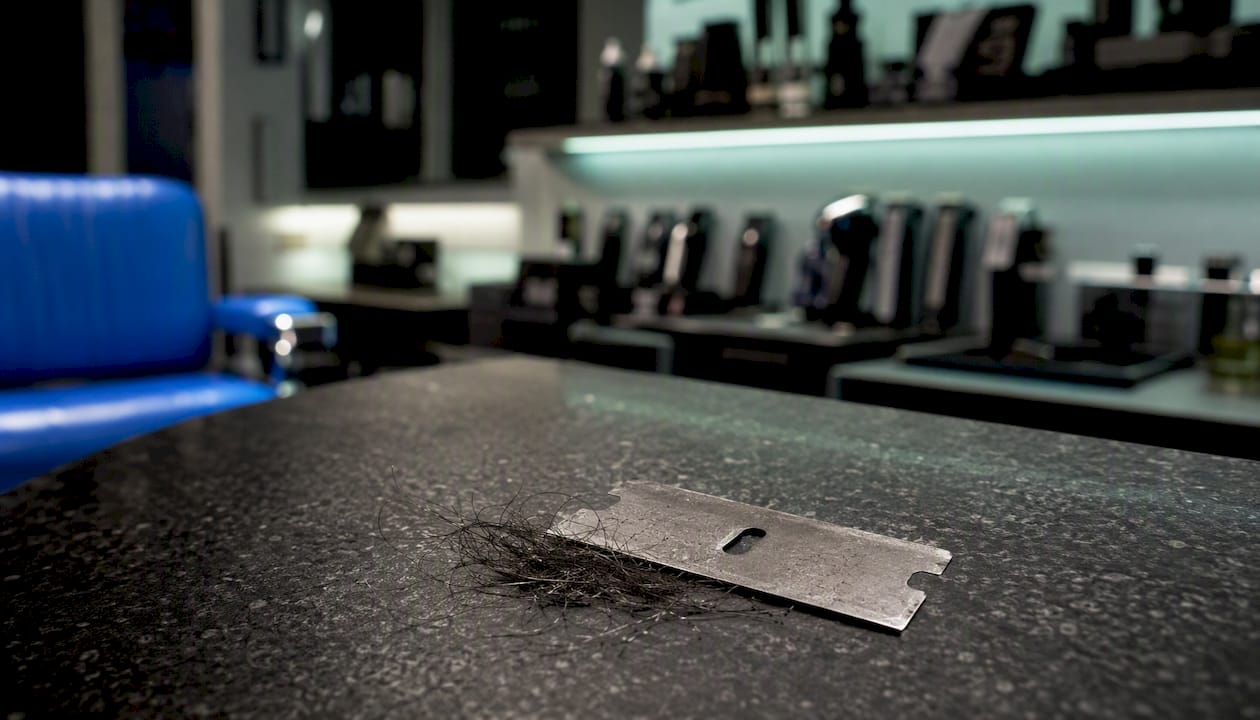 Dull razor blade tangled with facial hair