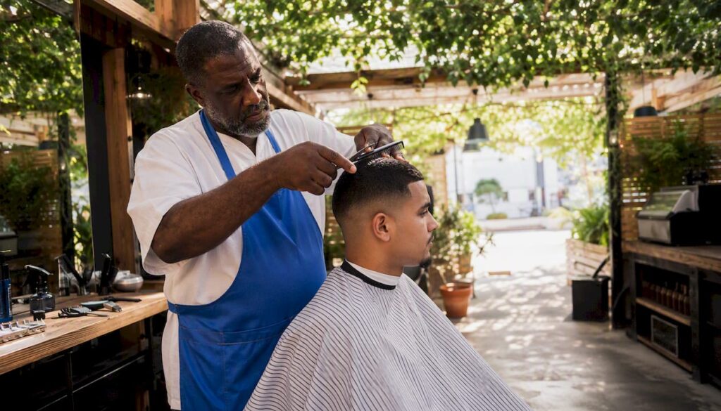 Barber trimming a man's fresh fade haircut