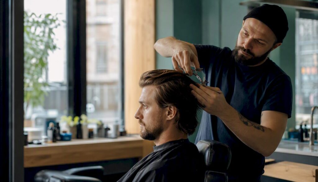 Barber scissor layering mid-length hair