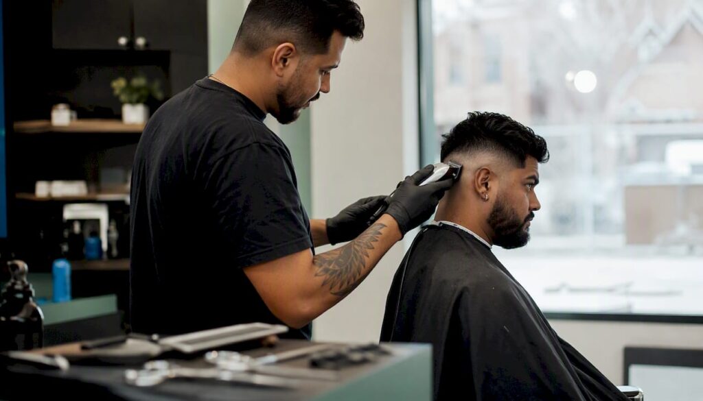 Barber crafting sharp contrast fade haircut