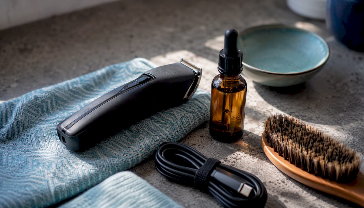 Flat lay of beard grooming accessories and tools