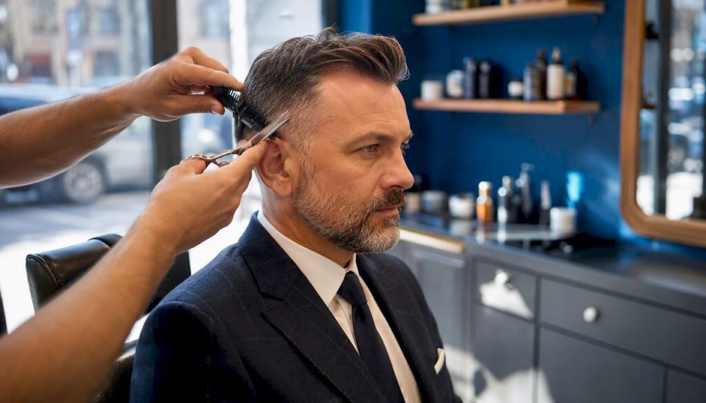 Barber trimming businessman’s hair close-up