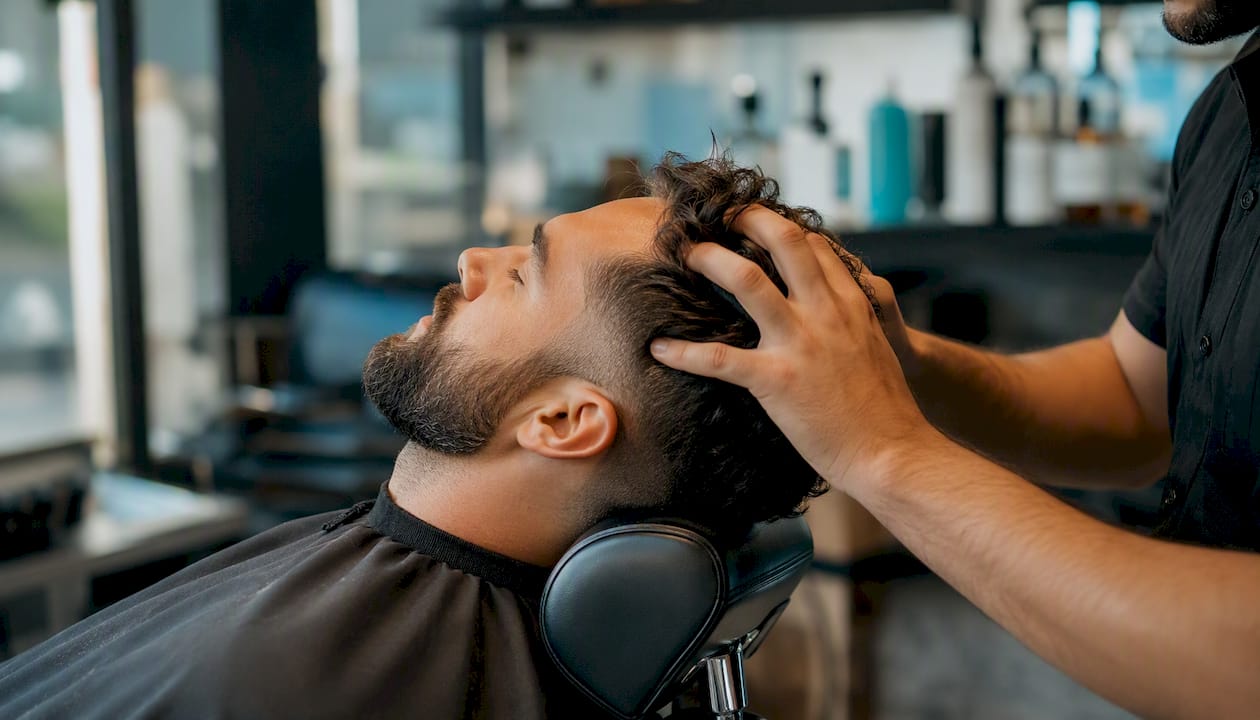 Barber performing scalp massage