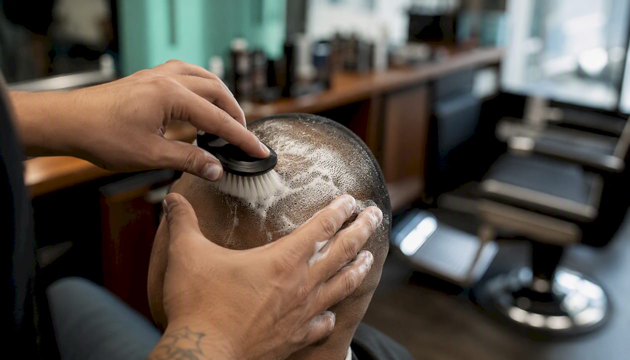 Barber hands exfoliating scalp