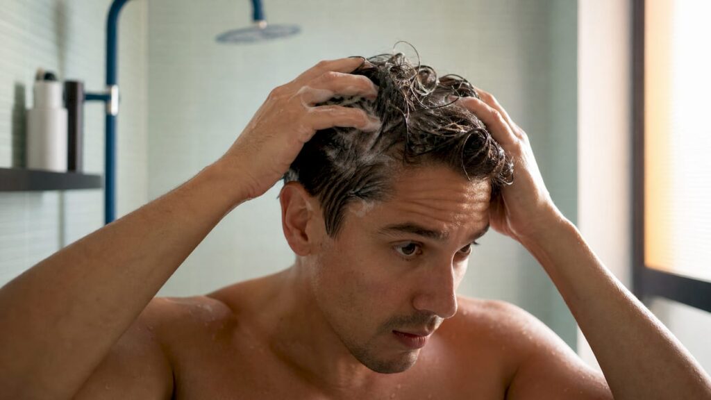 Man applying medicated shampoo to scalp