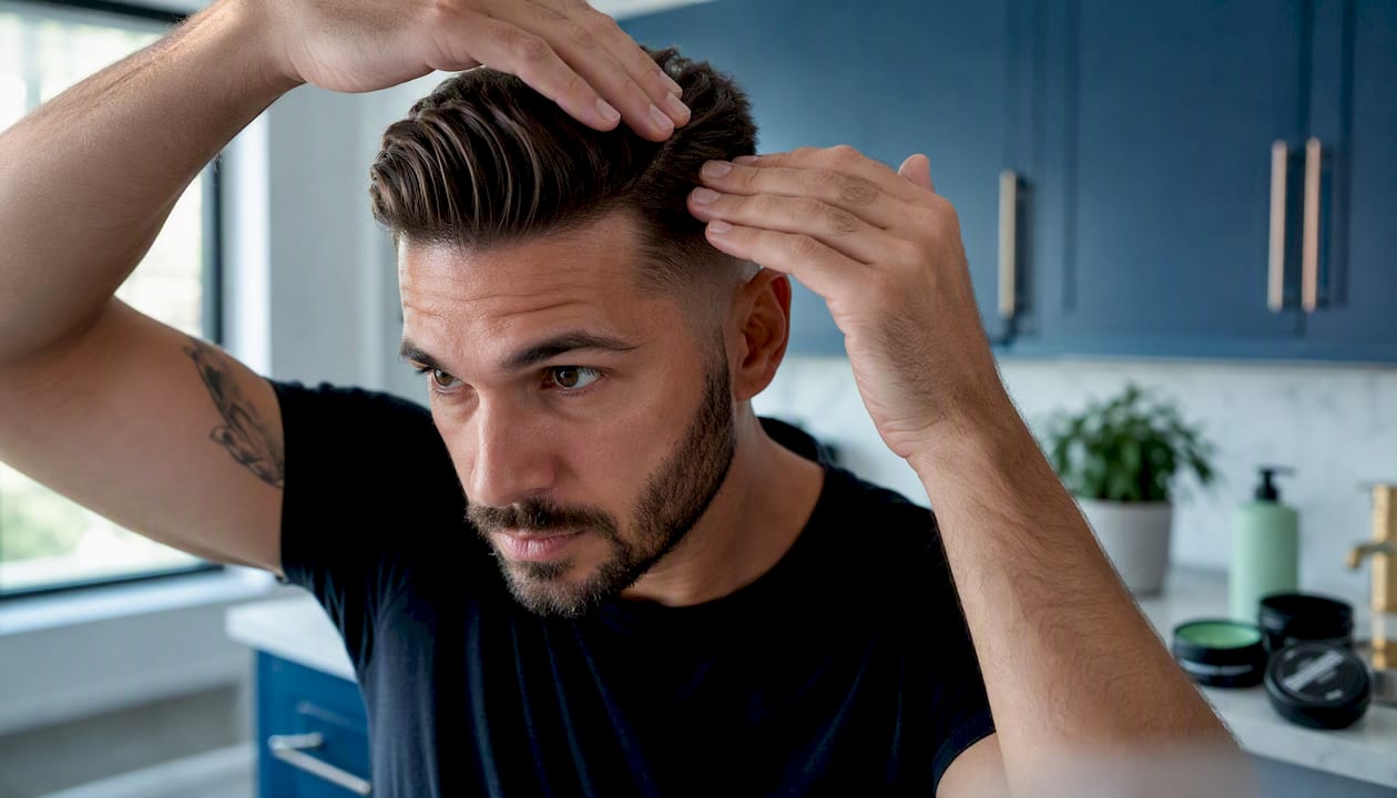 Man styling precision haircut with grooming tools