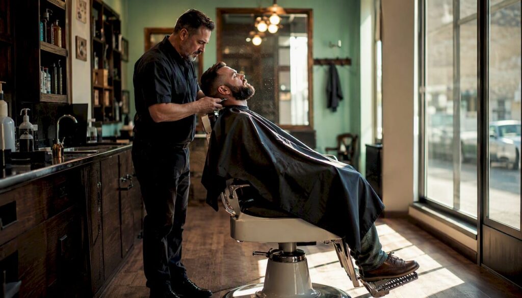Barber trimming a man's beard