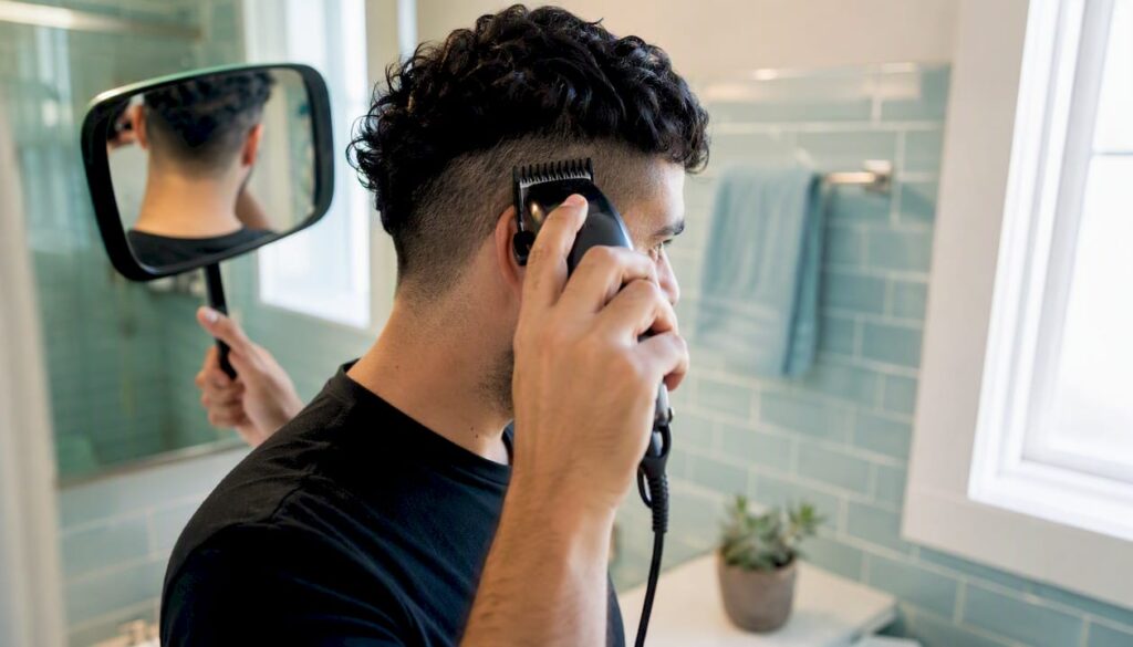Man trimming undercut hair at home