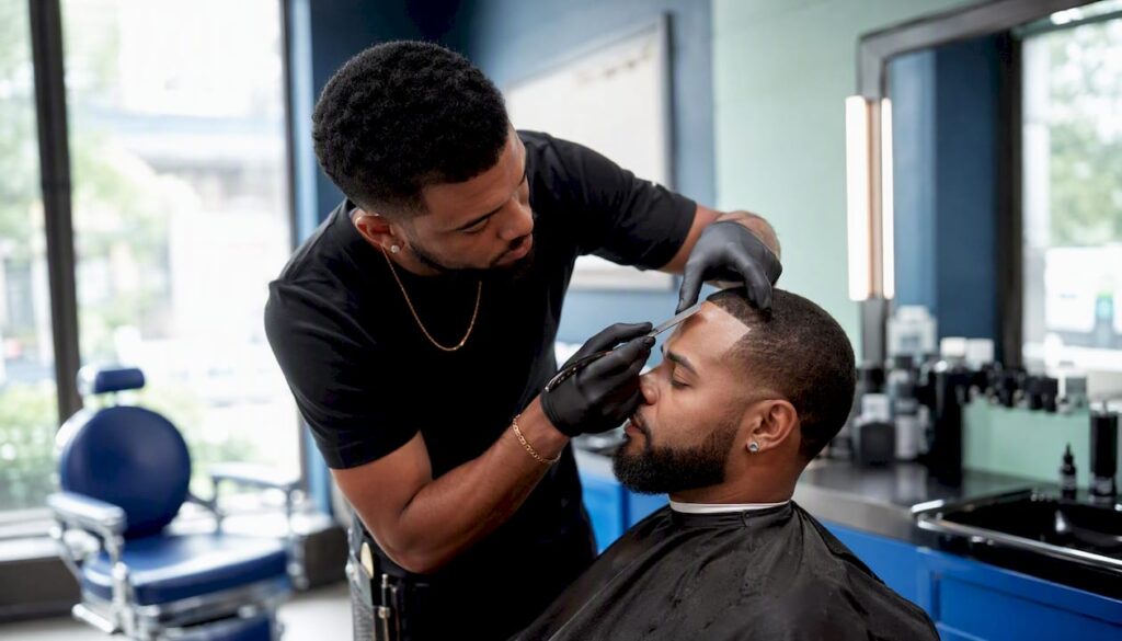 Barber shaping hairline with razor