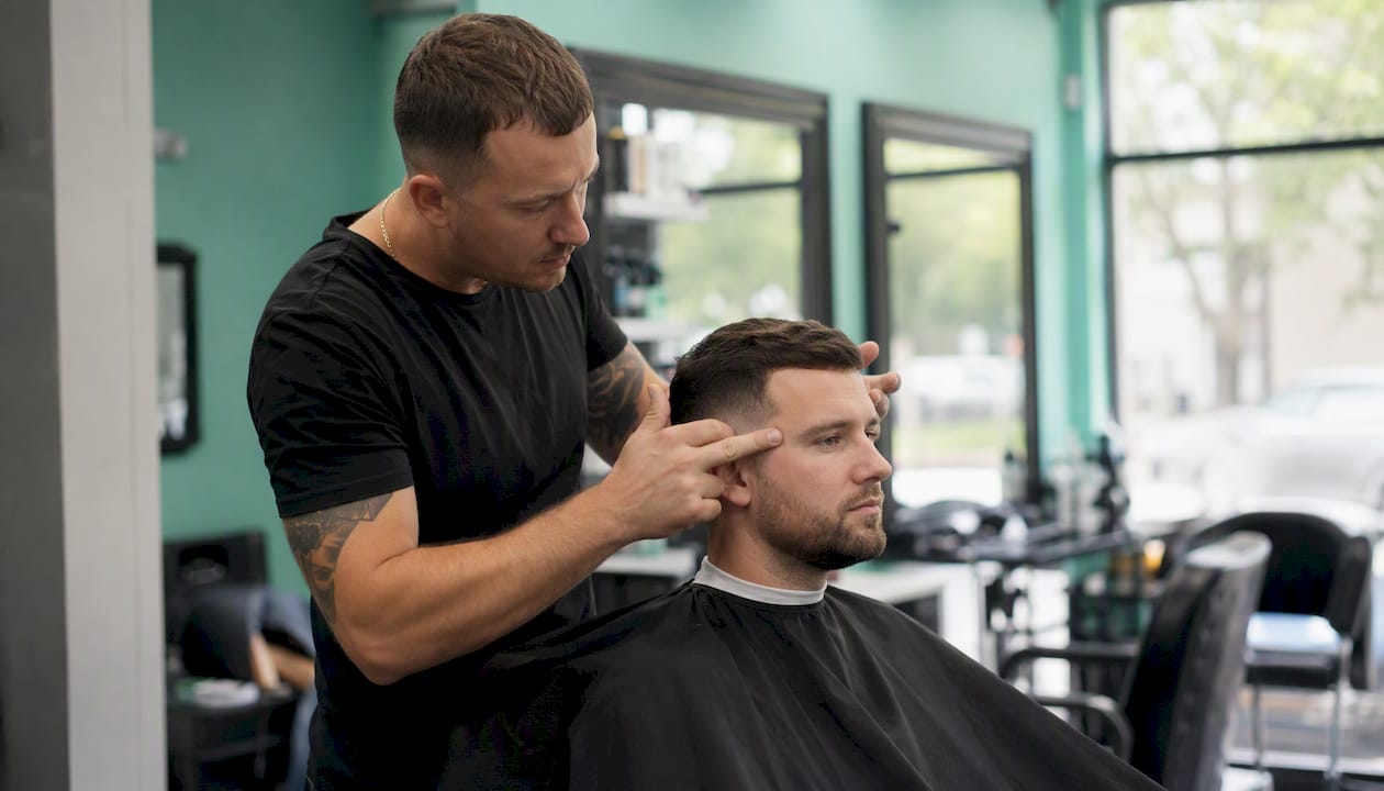 Barber checking temple symmetry carefully