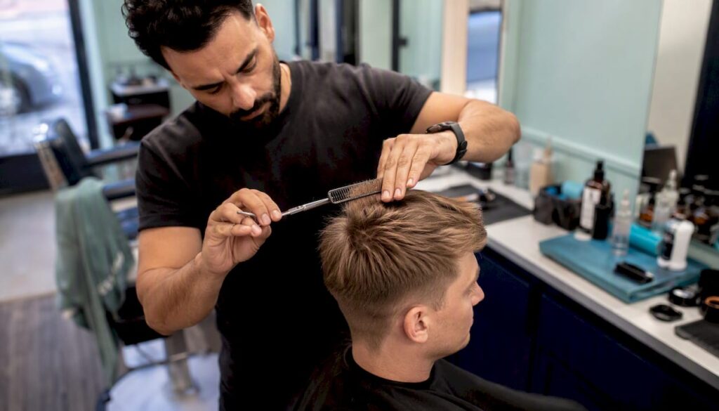 Barber precisely cutting Scandinavian hairstyle